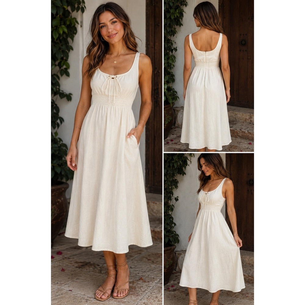 Tach Clothing Linen Blend Ivory Midi Dress Small Handmade Uruguay Smocked Tie